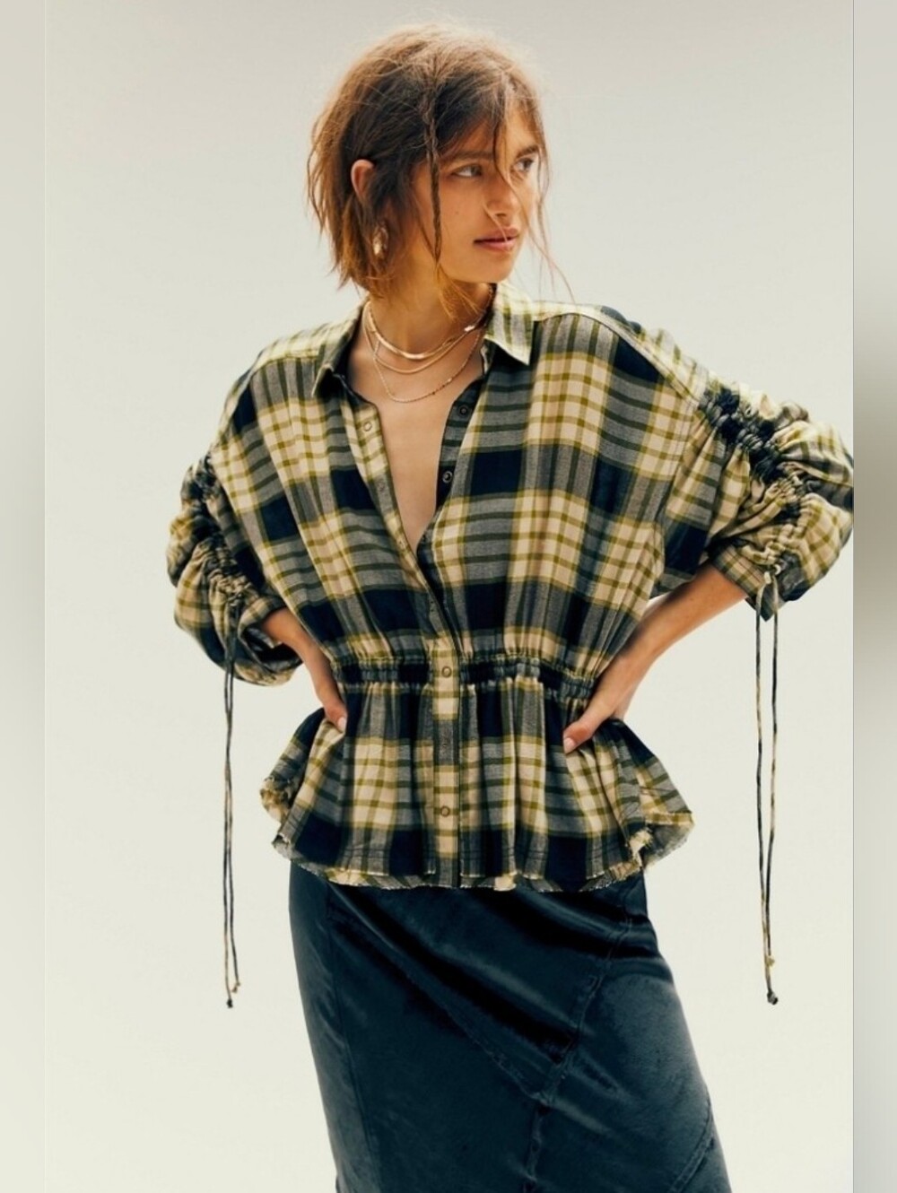 Free People Pacific Dawn Plaid Peplum Shirt. Size Large